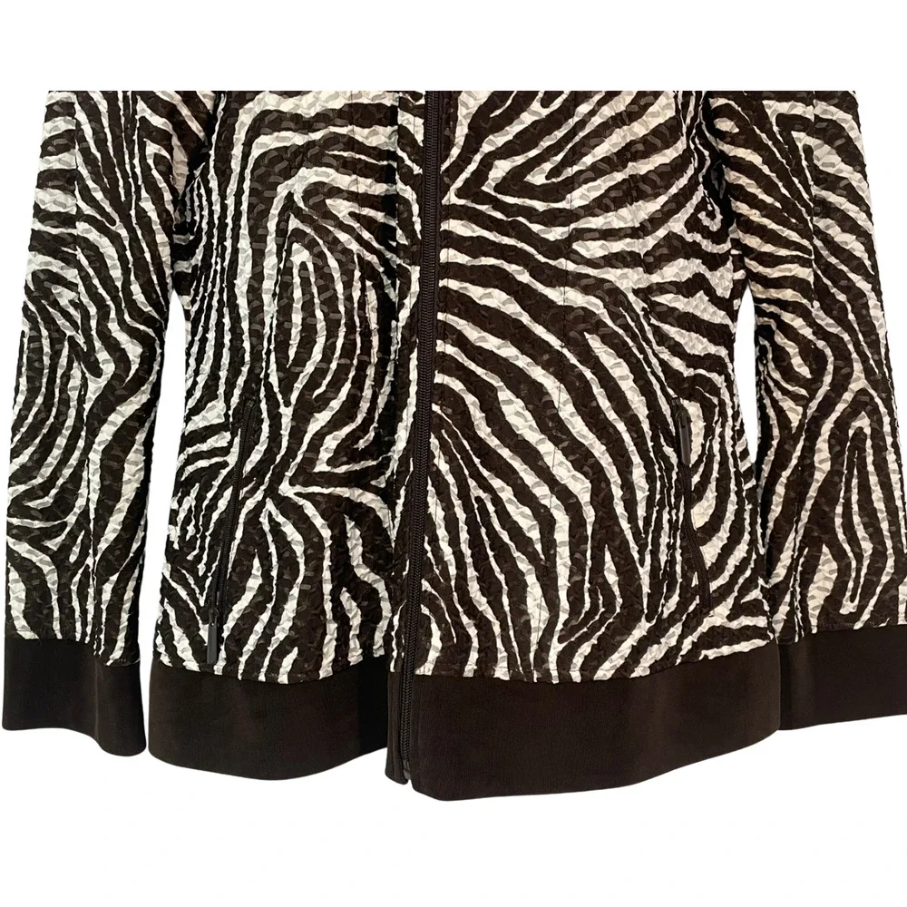 Chico's Sz 2 12-14 L Zip-Up Track Jacket Bomber Style Burnout Zebra Print Brown